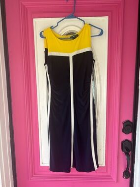 Lauren Ralph Lauren Yellow, Black and White Colorblock Midi Sheath Dress